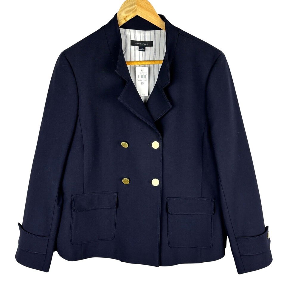 NWT Ann Taylor Women Crop Double Breasted Blazer Jacket 10 Navy Classic Preppy